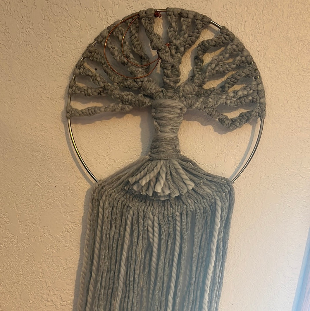 10” Gray Macrame tree with Copper crescent Moon